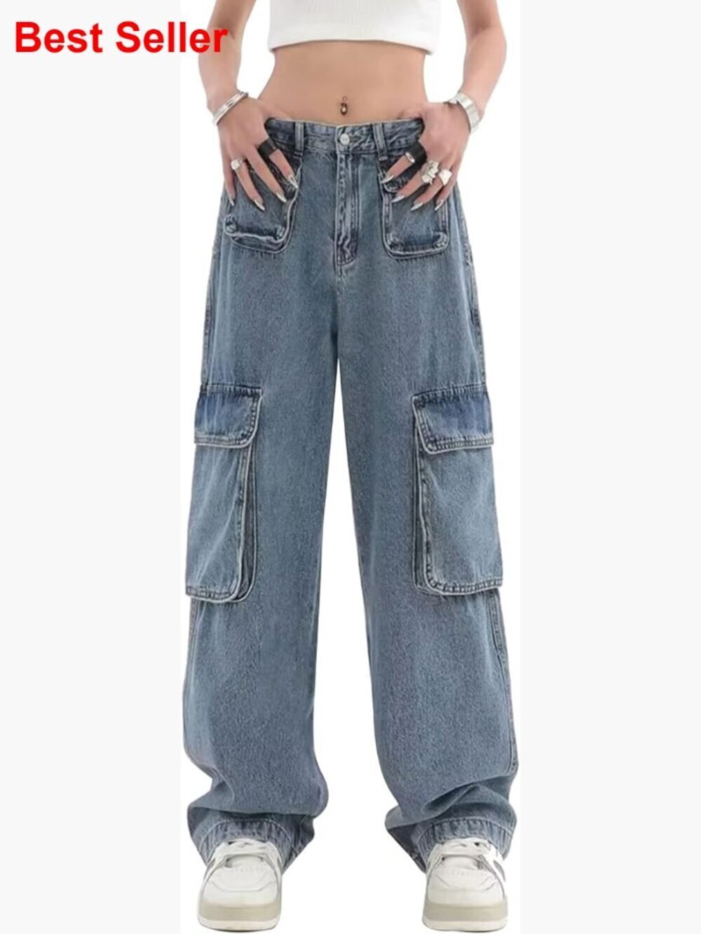 High Waist Cargo Jeans Straight Leg Denim Pants Multi-Pocket Streetwear